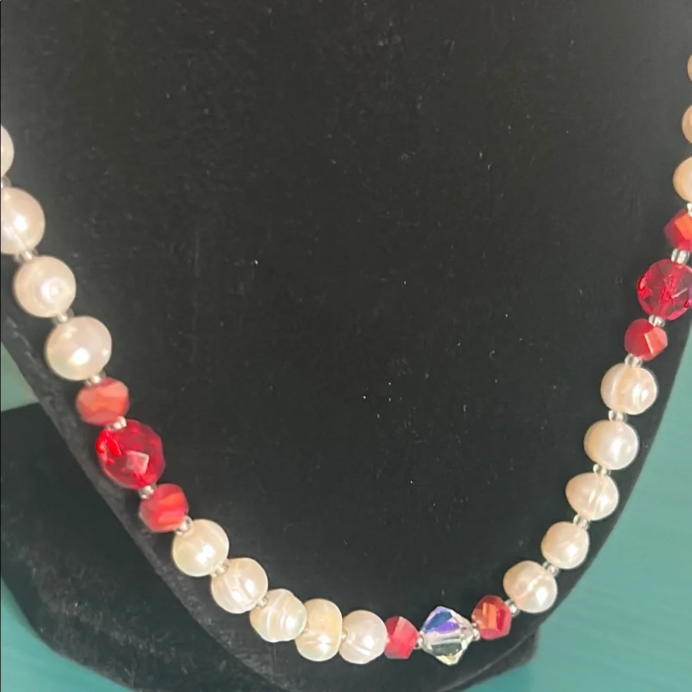 Hand Crafted Classic White Freshwater Pearl and Red Faceted Beaded Necklace Set